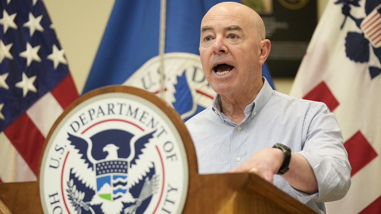 Secretary of Homeland Security Alejandro Mayorkas speaks at a news conference at the U.S. Border Patrol South Station in Eagle Pass, Texas, Monday, Jan. 8, 2024. (Jay Janner/Austin American-Statesman via AP)