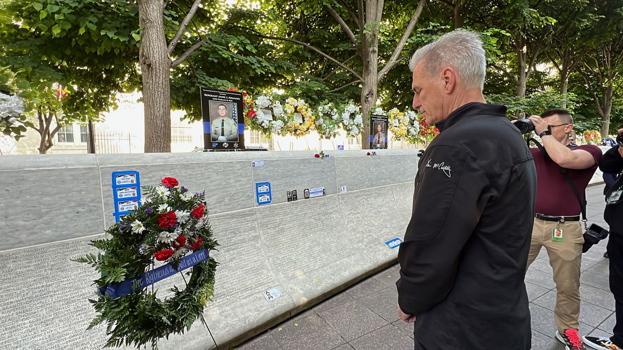 House Speaker Kevin McCarthy stands at the National Law Enforcement Officers Memorial, in Washington, D.C. (Spectrum News/Cassie Semyon)