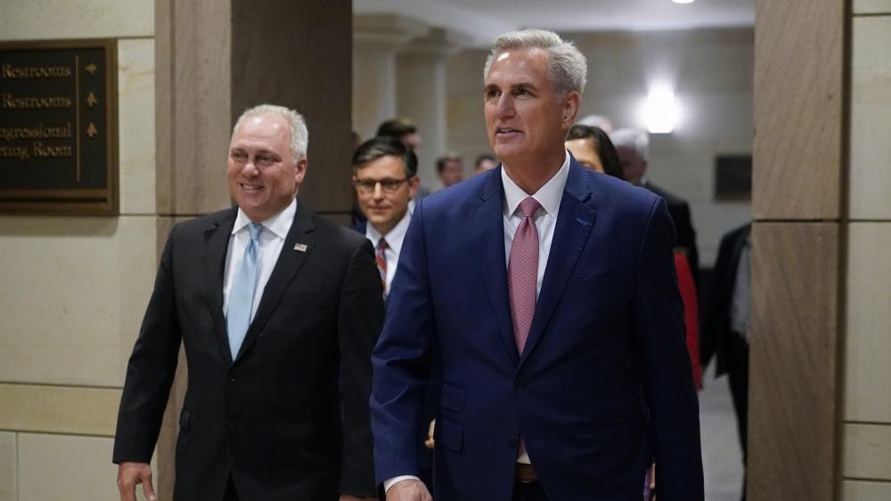 House Minority Leader Kevin McCarthy of Calif., right, and House Minority Whip Steve Scalise, R-La., arrive to speak with members of the press after a House Republican leadership meeting, Nov. 15, 2022, on Capitol Hill in Washington. (AP Photo/Patrick Semansky)