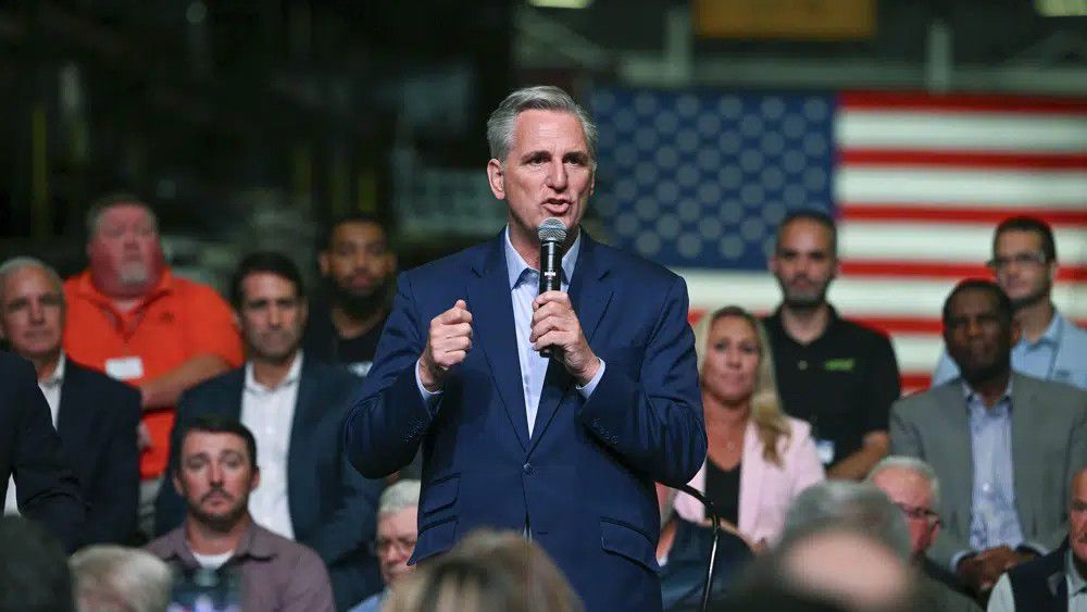 House Minority leader Kevin McCarthy, R-Calif., speaks at DMI Companies in Monongahela, Pa., Friday, Sept. 23, 2022. (AP Photo/Barry Reeger, File)