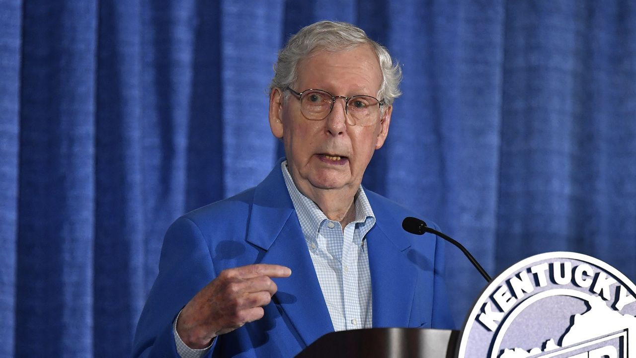 Senate Minority Leader Mitch McConnell, R-Ky., speaks to the audience gathered at the Kentucky State Fair Ham Breakfast at the Kentucky Exhibition Center in Louisville, Ky., Thursday, Aug. 22, 2024. (AP Photo/Timothy D. Easley)