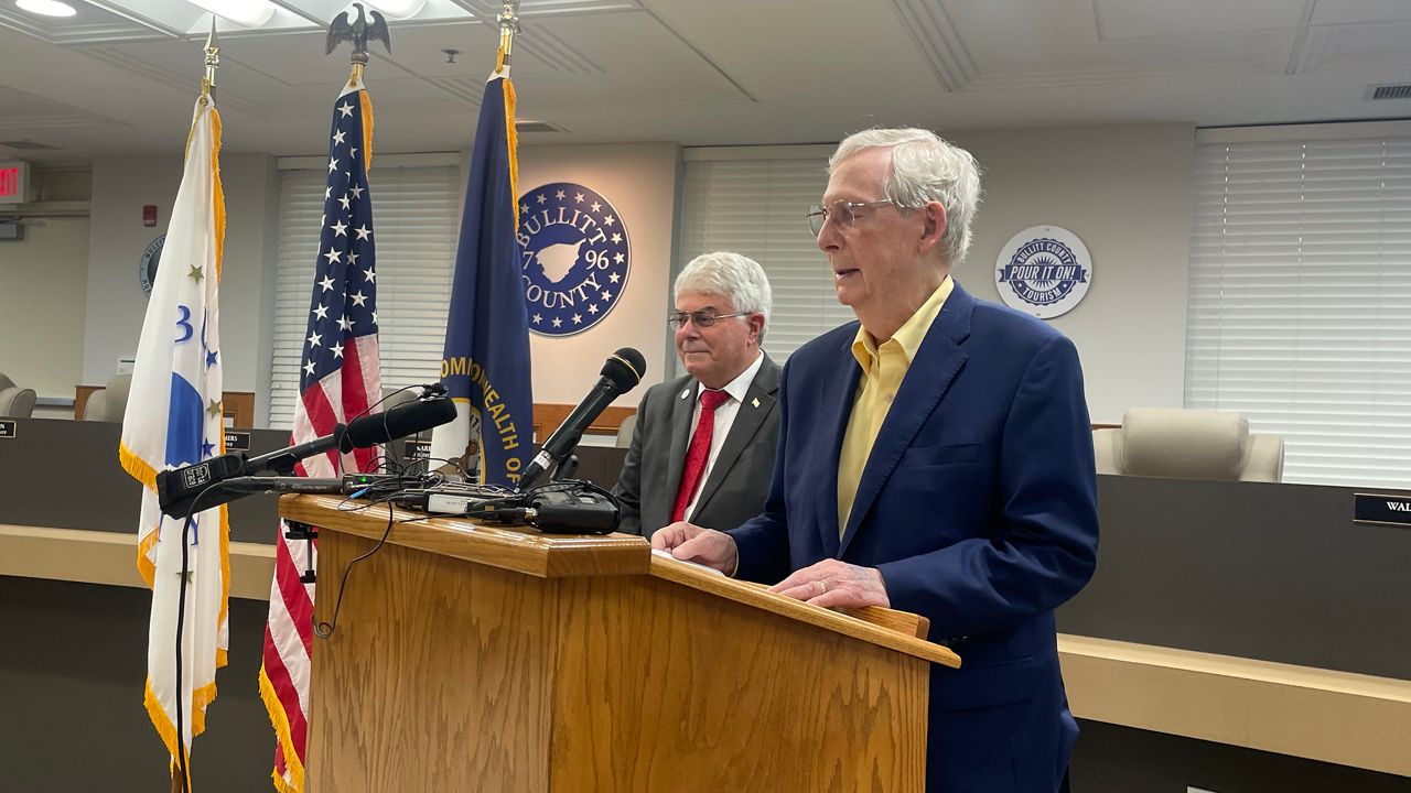 Bullitt County Judge/Executive Jerry Summers (left) and Sen. Mitch McConnell, R-Ky., (right) during a press conference in Bullitt County. 