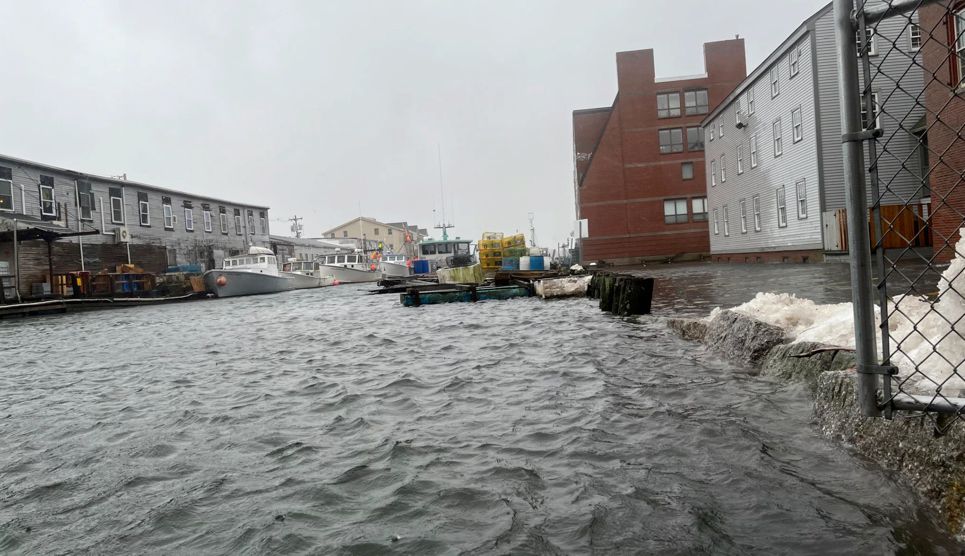 A combination of storm surge and a normal high tide caused flooding on the Portland waterfront during a January 2022 storm. Researchers say this kind of flooding resembles the effect of one foot of sea level rise, which a new federal report projects will occur by 2050. (Photo courtesy Gulf of Maine Research Institute)
