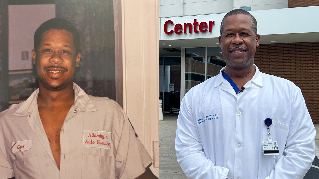 After 25 years as an auto shop owner, an east Cleveland native decided to head to medical school and become a doctor. (Left photo courtesy of Dr. Carl Allamby. Right taken by Micaela Marshall/Spectrum News 1)