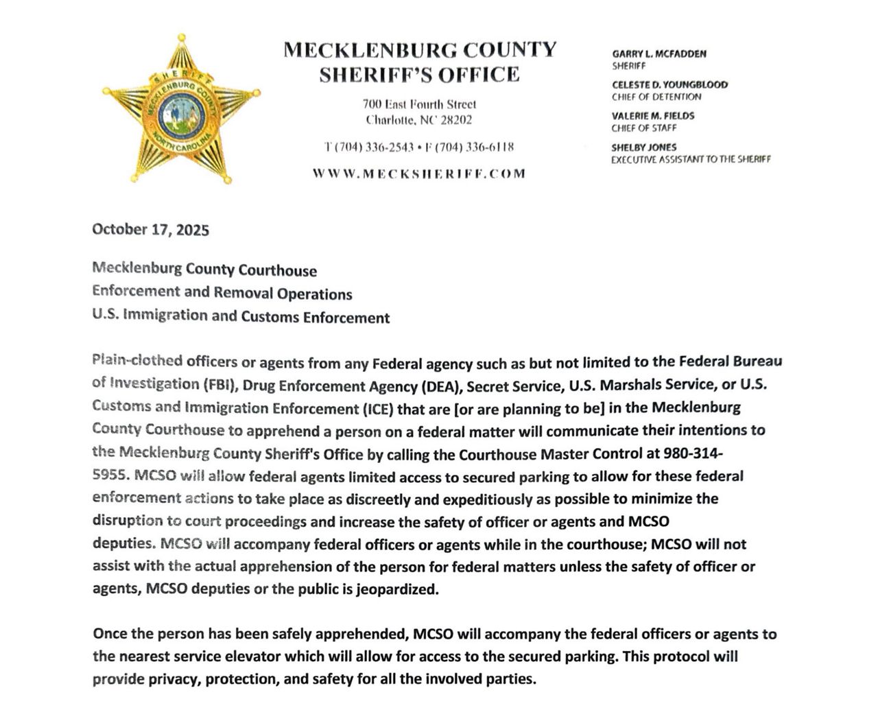 Mecklenburg sheriff and ICE meet to air frustrations