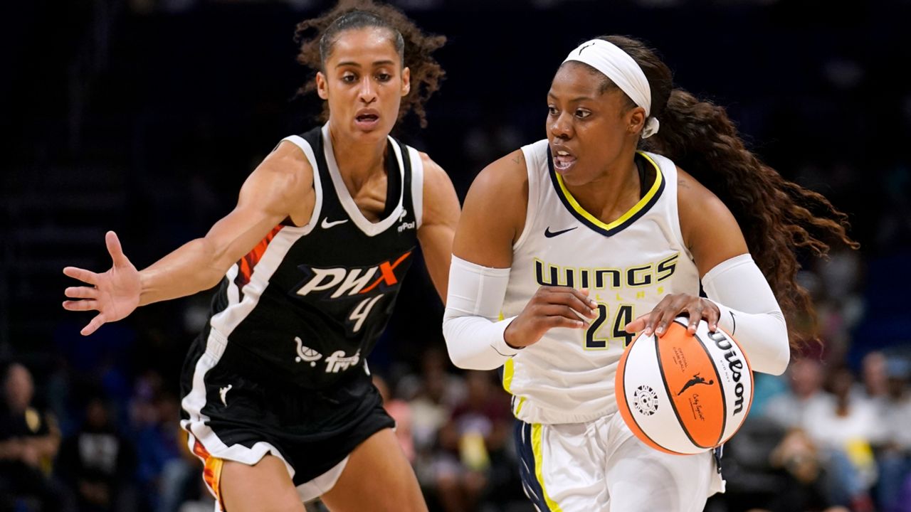 Phoenix Mercury guard Skylar Diggins-Smith (4) defends against Dallas Wings guard Arike Ogunbowale (24) during the first half of a WNBA basketball game Friday, June 17, 2022, in Arlington, Texas. (AP Photo/Tony Gutierrez)