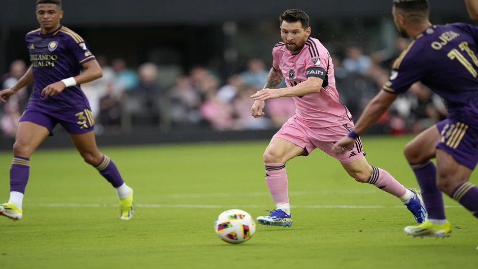 Inter Miami, who is led by iconic star Lionel Messi (center), and Orlando City soccer will meet at Raymond James Stadium in Tampa in the preseason on Feb. 14. (AP Photo/Rebecca Blackwell)