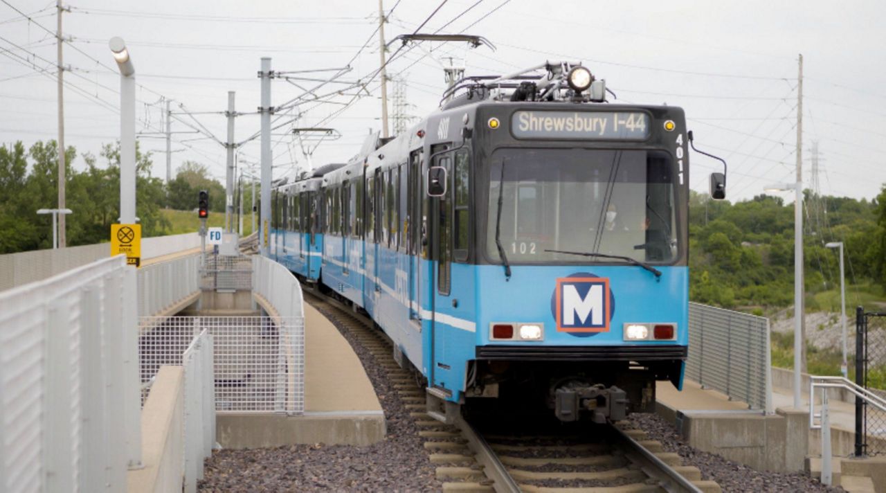 A MetroLink train waits at the Shrewsbury Station in St. Louis County (Courtesy: Metro)