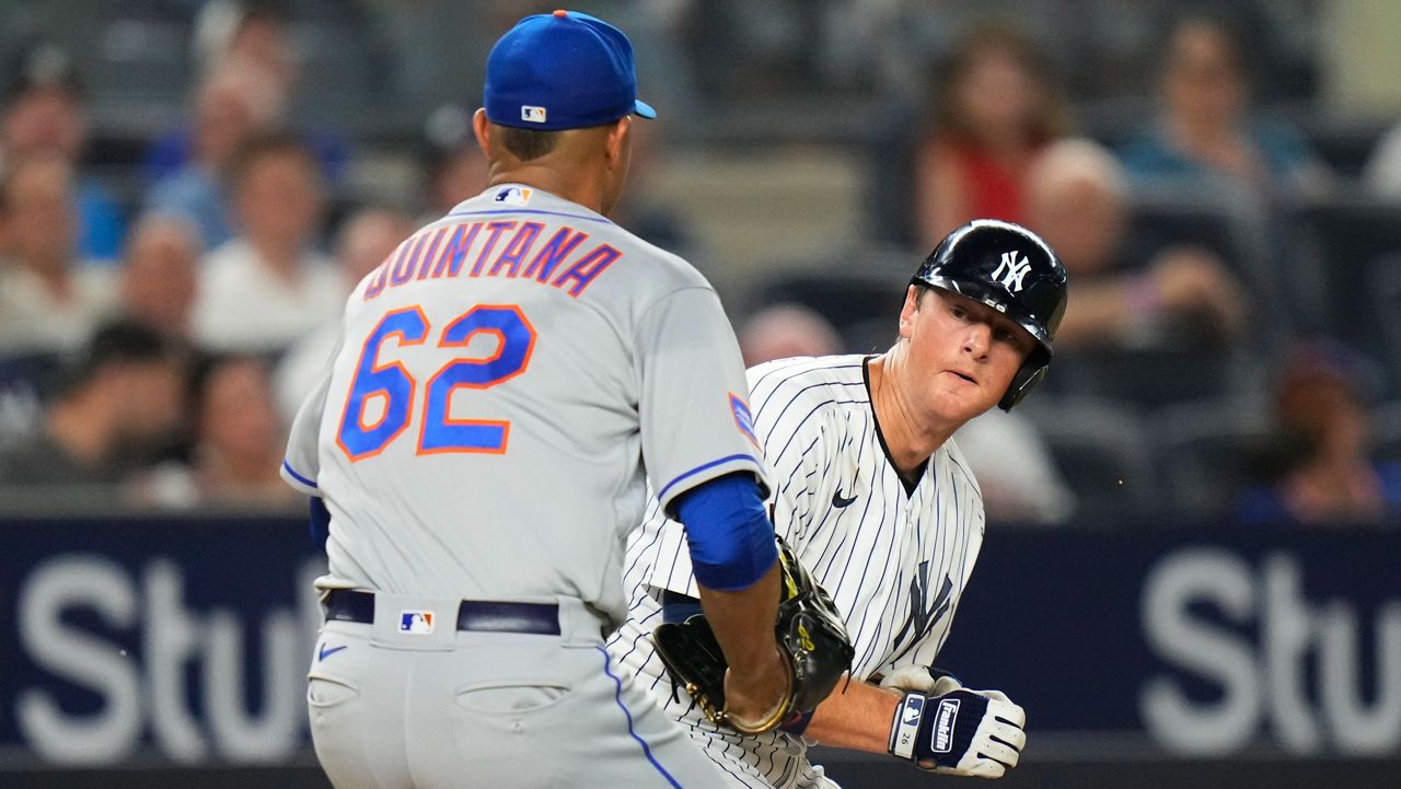 Jose Quintana tags out DJ LeMahieu on Wednesday, July 26, 2023 in New York.