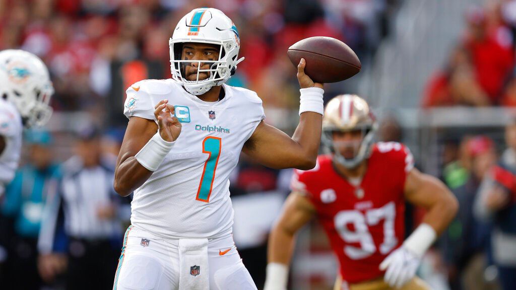 Saint Louis School product Tua Tagovailoa was 18-for-33 for 295 yards, two touchdowns and two interceptions against the San Francisco 49ers on Sunday.