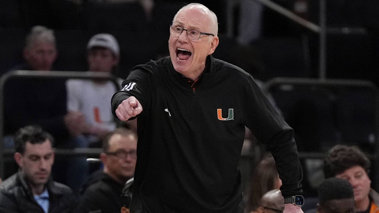 Miami head coach Jim Larranaga yells from the sideline during the first half of an NCAA college basketball game against Tennessee, Tuesday, Dec. 10, 2024, in New York. (AP Photo/Julia Demaree Nikhinson)