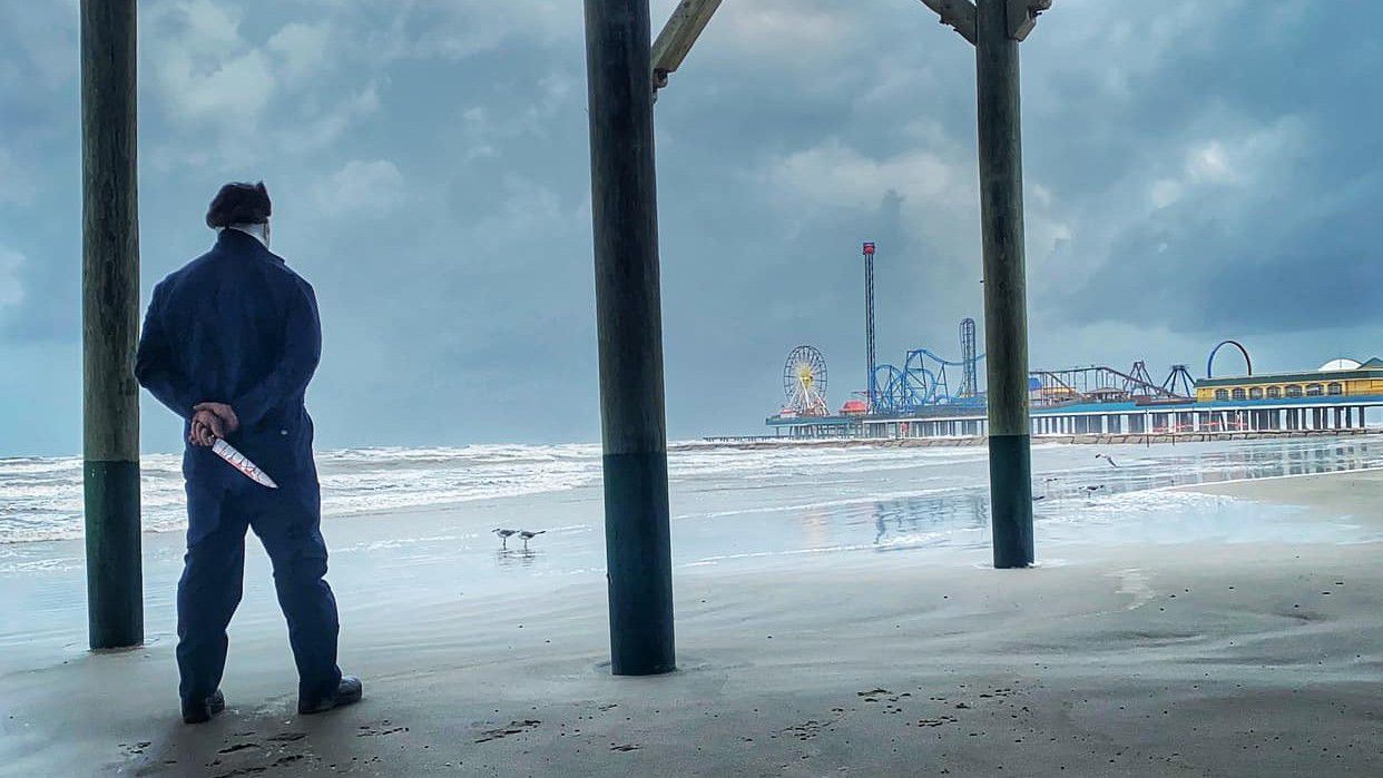 Mark Metzger dressed as Michael Myers on the beach. (Mark Metzger Facebook)