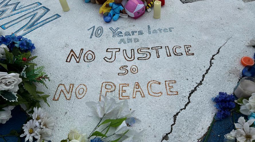 A memorial to Michael Brown is displayed on Canfield Drive in Ferguson, Mo., on Wednesday, Aug. 7, 2024. (AP Photo/Jim Salter)