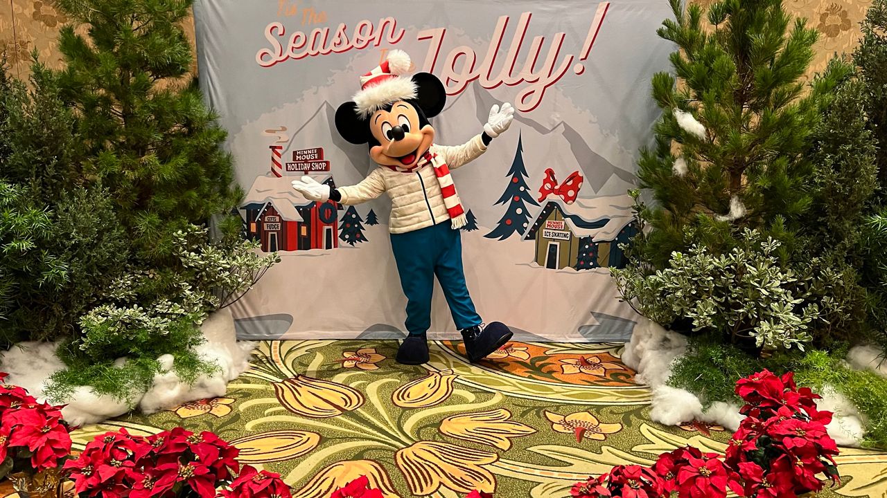 Mickey Mouse is wearing his holiday attire for visitors to Disneyland Resort. (Spectrum News/Ryan Cooper)