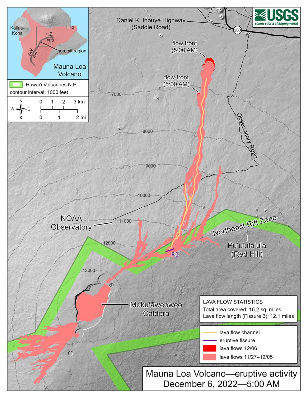 HVO field crews and USGS analysts have accurately mapped some of the most active flows, displayed in red here, along with older flows further uprift, in part of Mokuʻāweoweo Caldera, and in the upper summit region southwest of the caldera. (Map courtesy of USGS)