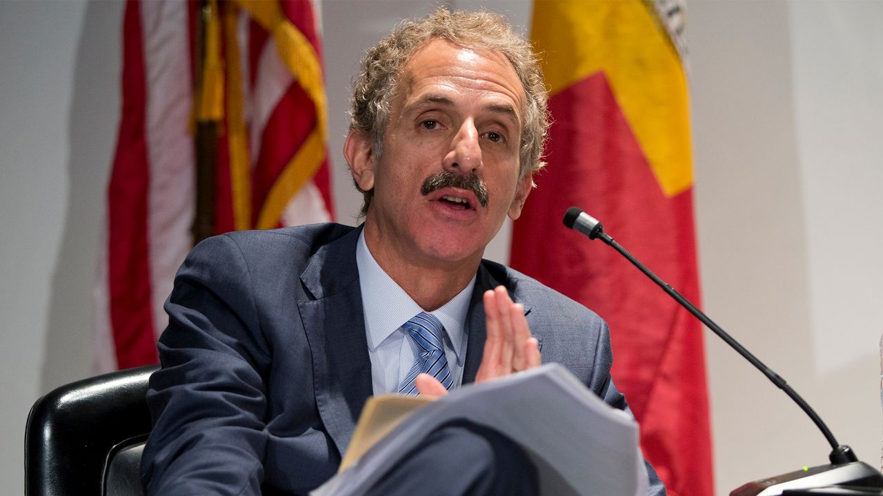 Los Angeles City Attorney Mike Feuer participates with Rep. Adam Schiff at a conversation session titled "A Constitutional Clash: A Separation of Powers In A Tumultuous Time," at Los Angeles Police Headquarters Thursday, May 30, 2019. 