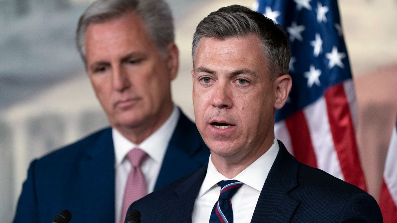Rep. Jim Banks, R-Ind., right, during a news conference on June 9, 2022, on Capitol Hill. (AP Photo/Jacquelyn Martin, File)