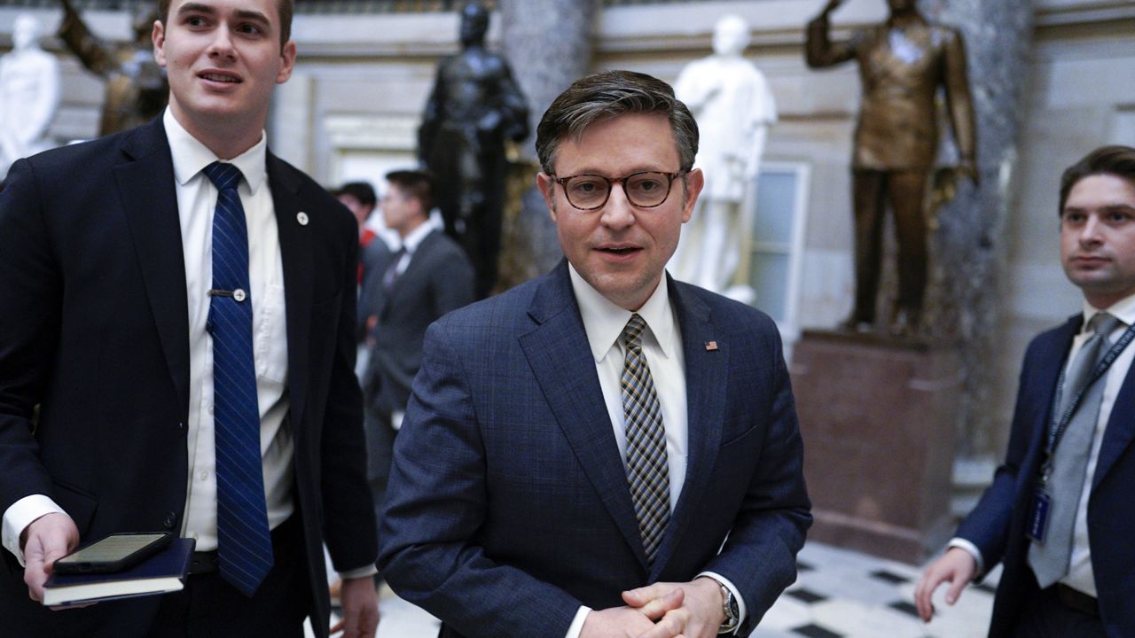 House Speaker Mike Johnson, R-La., walks in the Capitol on Thursday, Jan. 18, 2024, in Washington. (AP Photo/Yuri Gripas)