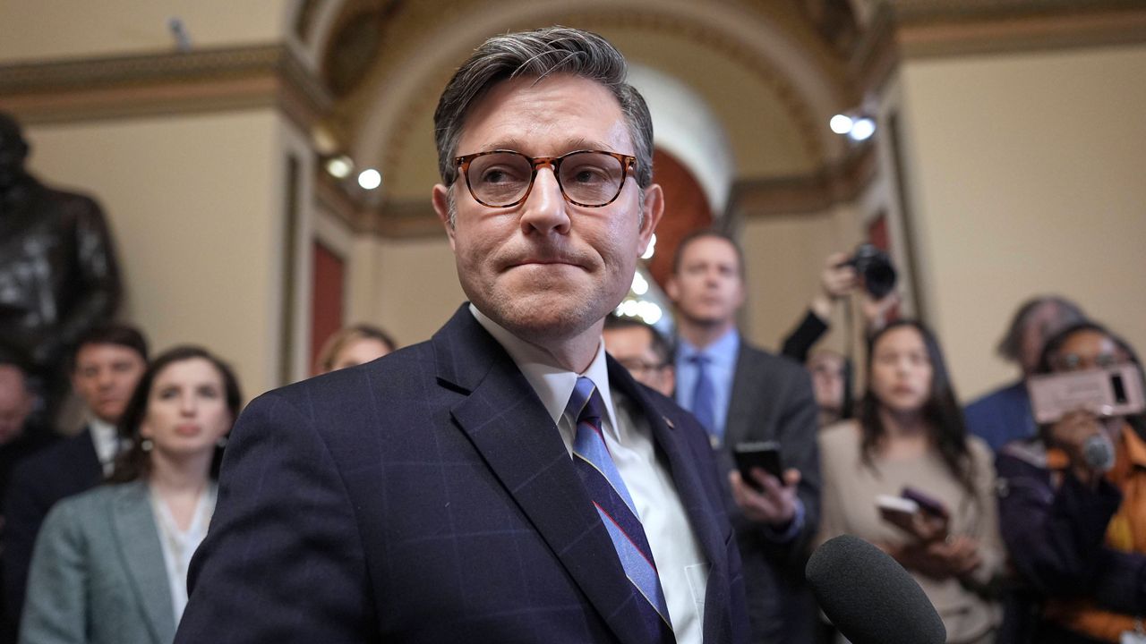 House Speaker Mike Johnson, R-La., talks to reporters just after House Republicans narrowly approved their budget framework, at the Capitol in Washington, April 10, 2025. (AP Photo/J. Scott Applewhite, File)
