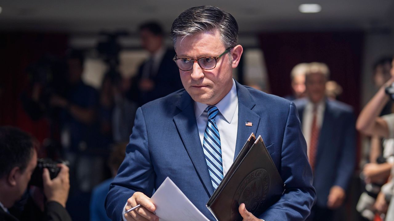 House Speaker Mike Johnson, R-La., arrives for a news conference at the Republican National Committee headquarters in Washington, Tuesday, July 15, 2025. (AP Photo/J. Scott Applewhite)