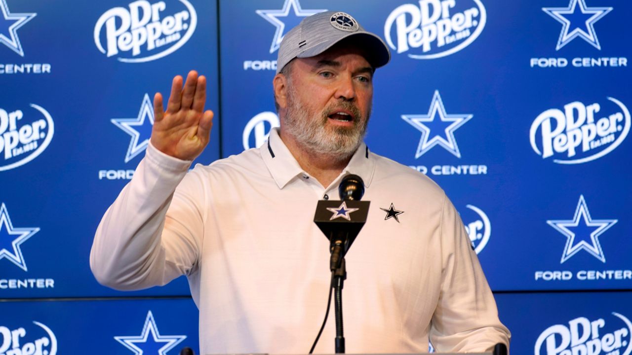 Dallas Cowboys head coach Mike McCarthy speaks to reporters during a news conference at the team's NFL football training facility in Frisco, Texas, Thursday, June 16, 2022. The Cowboys announced they are breaking from minicamp early. (AP Photo/LM Otero)