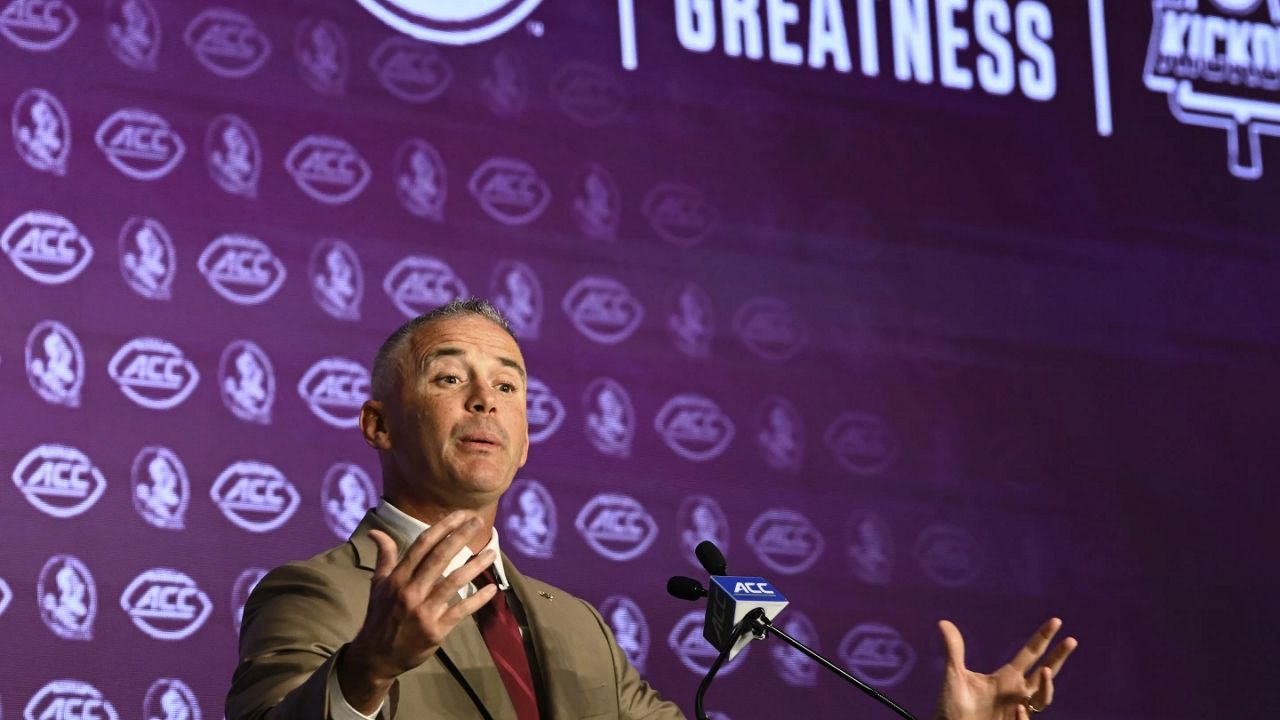 Florida State head coach Mike Norvell speaks during the Atlantic Coast Conference NCAA college football media days, Monday, July 22, 2024, in Charlotte, N.C. (AP Photo/Matt Kelley)