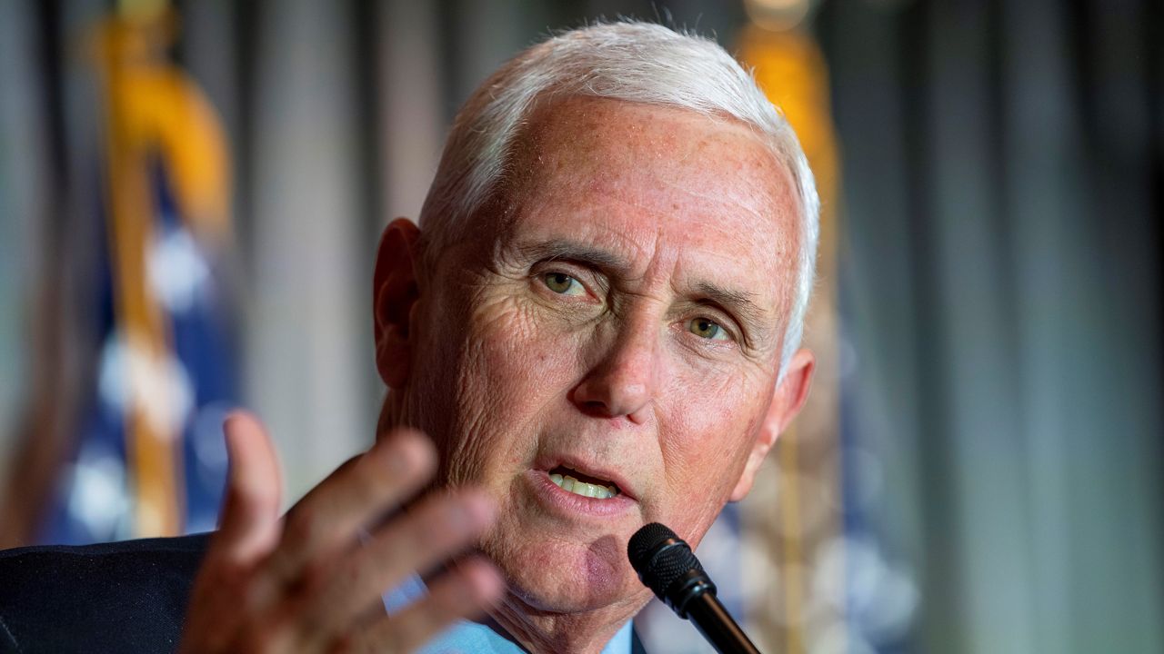 Former Vice President Mike Pence speaks at a Coolidge and the American Project luncheon in the Madison Building of the Library of Congress, Feb. 16, 2023, in Washington. (AP Photo/Alex Brandon, File)