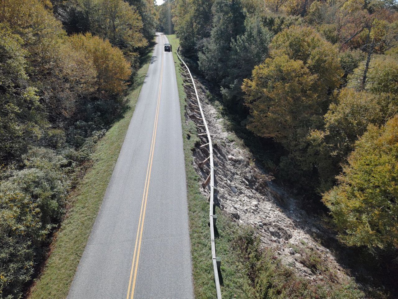 Milepost 306. Hurricane Helen triggered a landslide that eroded the shoulder of the roadway and undermined guard rails, park officials said. (National Park Service)