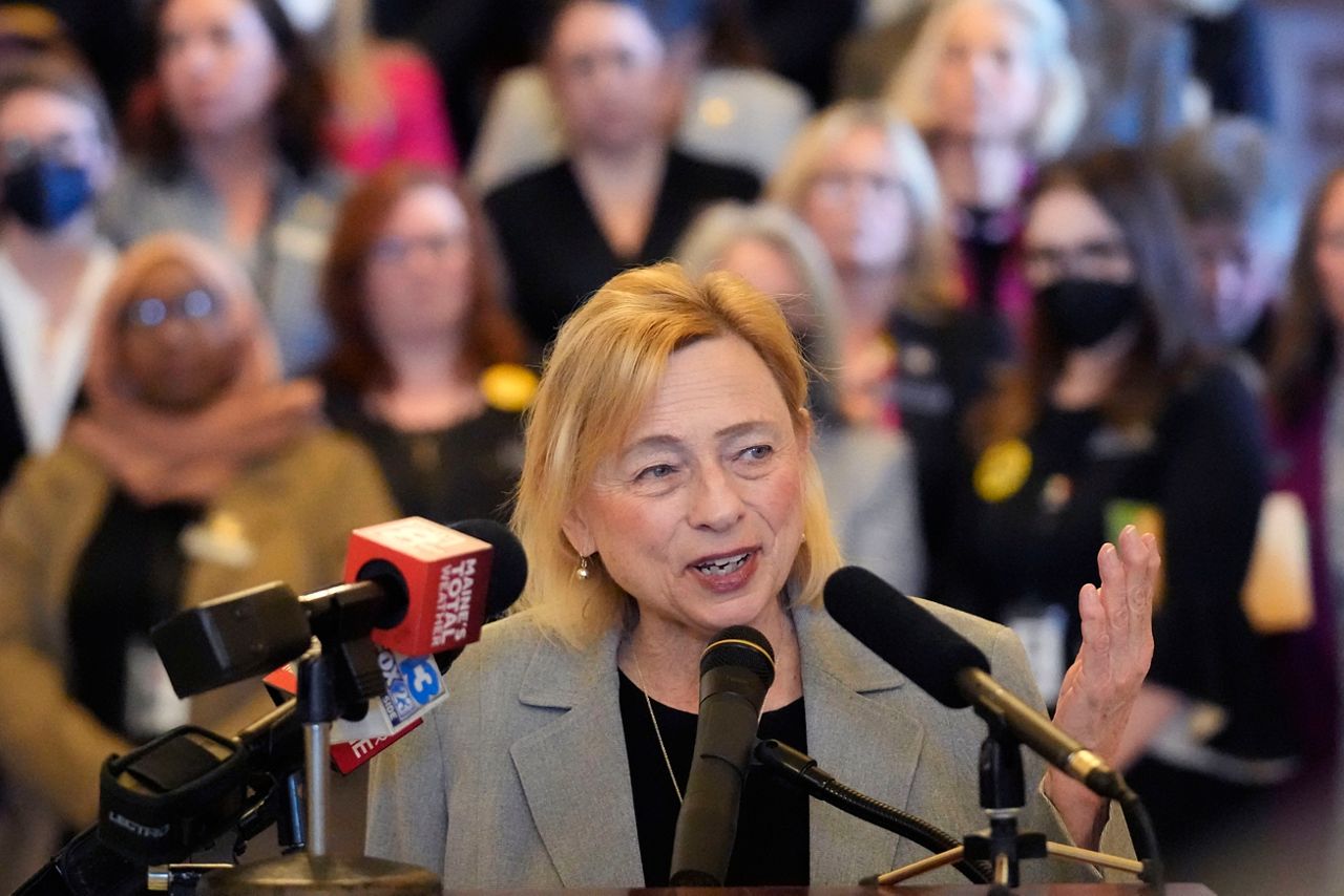 Maine Gov. Janet Mills speaks at a news conference, Jan. 17, in Augusta.  A committee of the Maine Legislature signed off Friday, June 9,  on a proposal from Mills that would give the state one of the least restrictive abortion laws in the country.(AP Photo/Robert F. Bukaty, File)