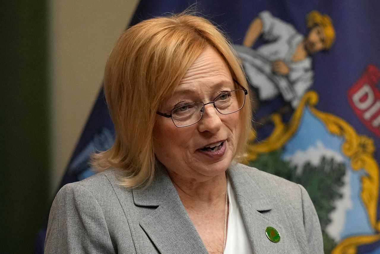 FILE - Maine Gov. Janet Mills delivers her State of the Budget address on Feb. 14, 2023, at the State House in Augusta, Maine. The Maine House has approved a bill that would let Native Americans in Maine benefit from federal laws despite a state land claims settlement. The bill received bipartisan support. And the  100-47 vote, Wednesday, June 21, 2023 would be enough to overcome a possible veto from Gov. Mills. (AP Photo/Robert F. Bukaty, File)