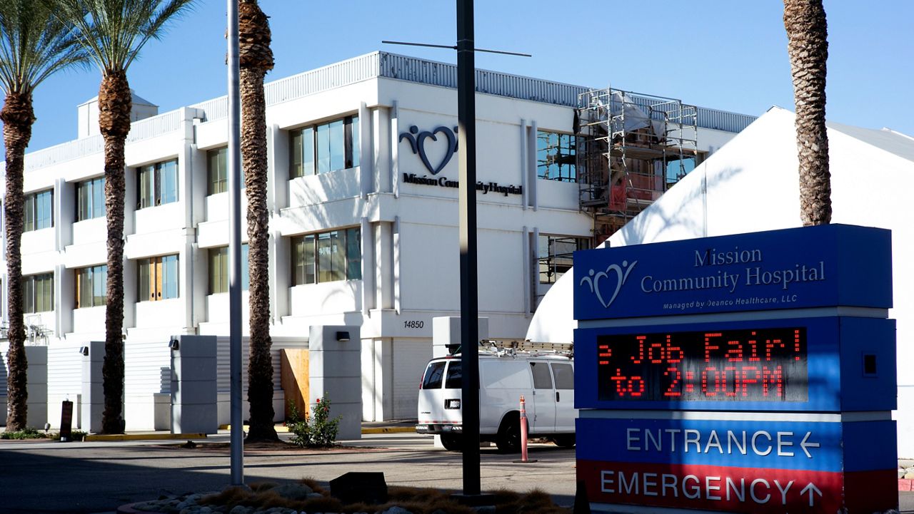 The entrance to Mission Community Hospital in the Panorama City section of Los Angeles on Tuesday, Sept. 20, 2022. (AP Photo/Richard Vogel)