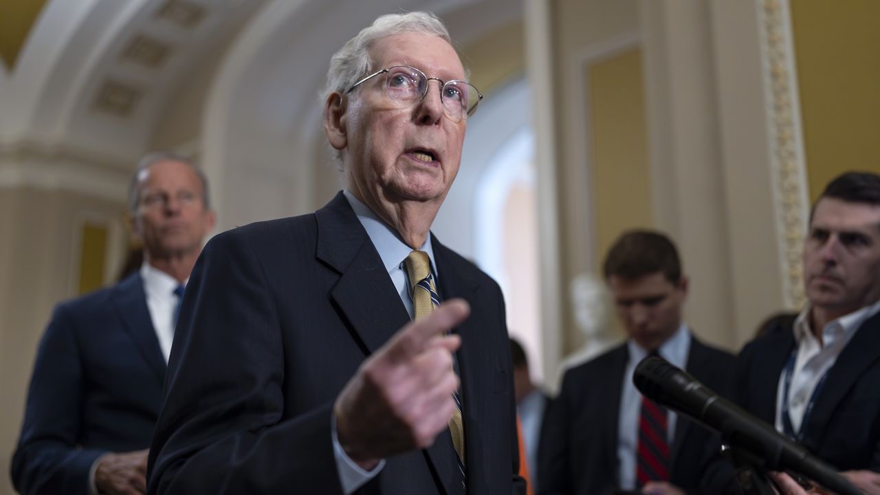 Senate Minority Leader Mitch McConnell, R-Ky., speaks with reporters following a Republican policy meeting, at the Capitol in Washington, Wednesday, May 8, 2024. (AP Photo/J. Scott Applewhite, File)