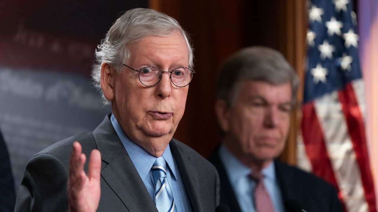 Senate Minority Leader Mitch McConnell, R-Ky., speaks to reporters Tuesday during a news conference on Capitol Hill. (AP Photo/Manuel Balce Ceneta)