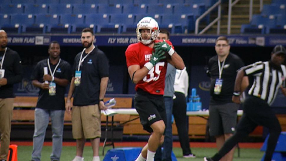 Tarpon Springs native Mitchell Wilcox making a catch at East-West Shrine Bowl practice this week
