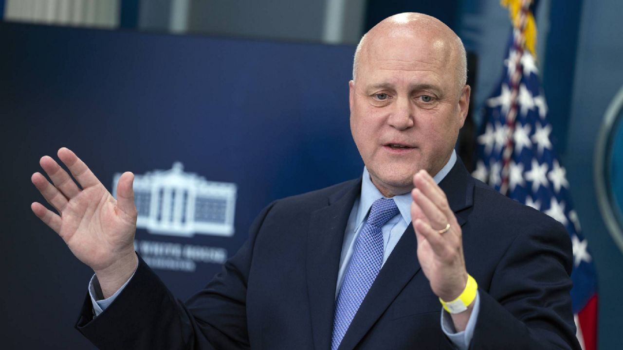Infrastructure Implementation Coordinator Mitch Landrieu speaks during a press briefing at the White House, Tuesday, Jan. 18, 2022, in Washington. (AP Photo/Evan Vucci)
