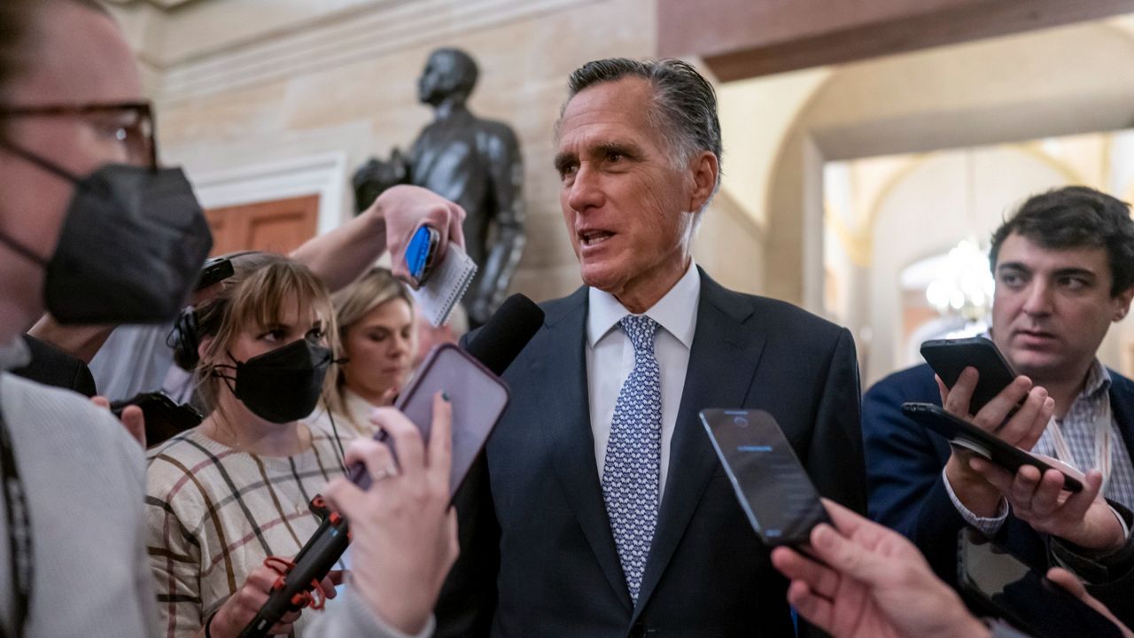 Sen. Mitt Romney, R-Utah, heads to a vote before a national security briefing on Ukraine, at the Capitol in Washington, on March 16, 2022.  (AP Photo/J. Scott Applewhite, File)