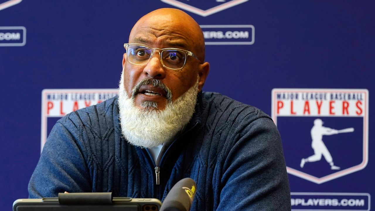 Major League Baseball Players Association Executive Director Tony Clark answers a question at a press conference in their offices in New York, Friday, March 11, 2022. (AP Photo/Richard Drew, File)