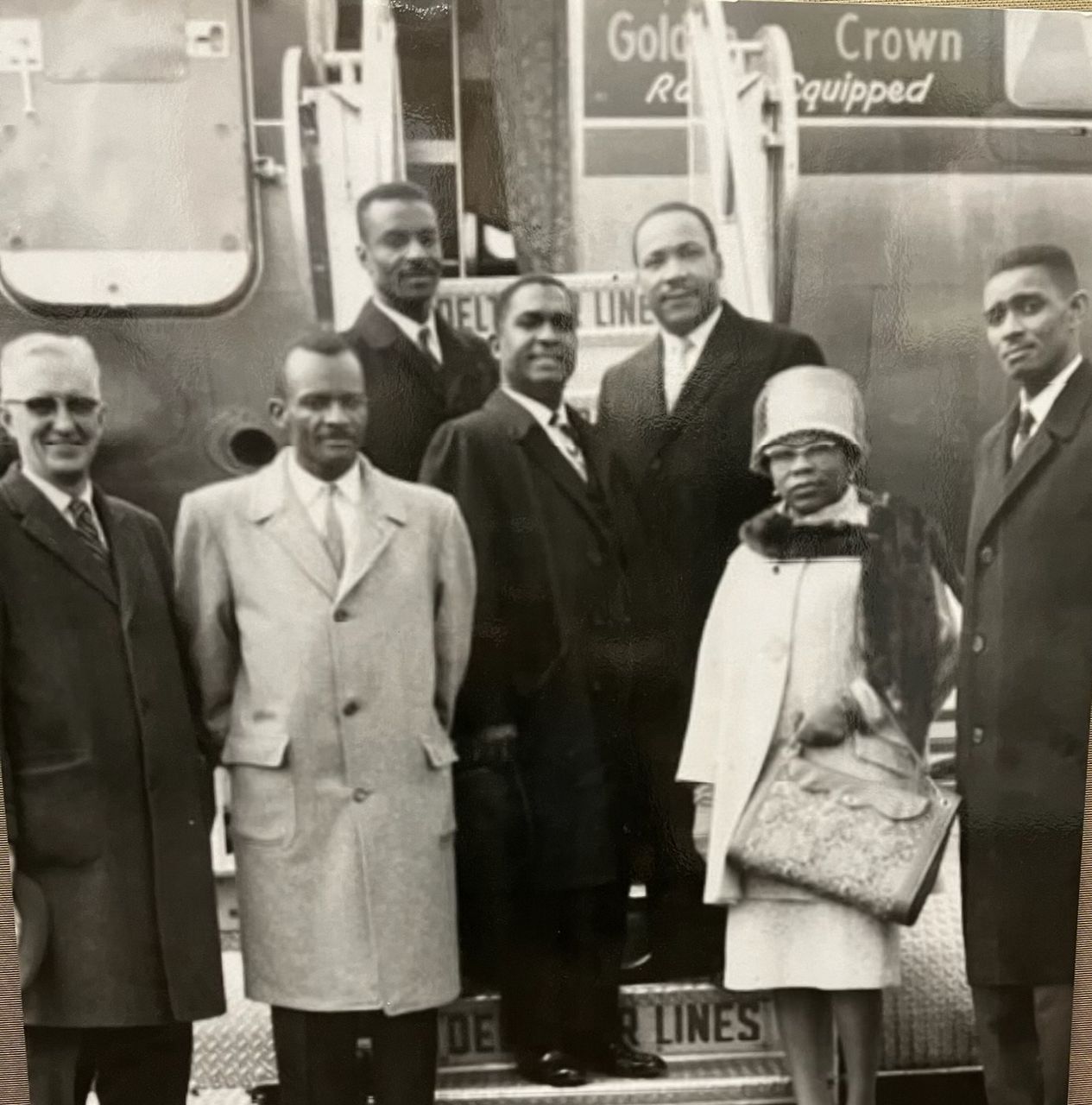 A photo taken during Dr. Martin Luther King Jr. visit to Cincinnati in 1964. Pictured from left to right: The Rev. Maurice McCracken, the Rev. T.L. Lane, the Rev. Fred L Shuttlesworth, the Rev L.V. Booth, Dr. Martin Luther King Jr. , Louise Shropshire and the Rev. Otis Moss Jr. (Photo courtesy of Paul Booth)