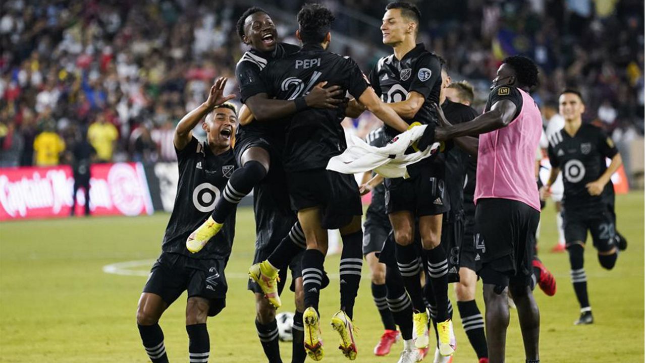 MLS All-Star players celebrate after FC Dallas forward Ricardo Pepi (24) scored the winning goal in a penalty shoot out against the Liga MX All-Stars during the MLS All-Star soccer match Wednesday, Aug. 25, 2021, in Los Angeles. (AP Photo/Ashley Landis)