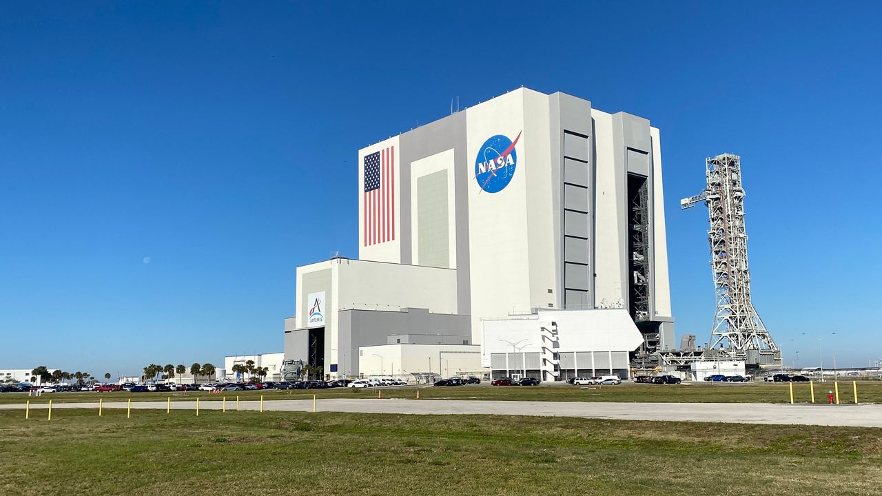The Mobile Launcher used for NASAs Artemis missions with the Space Launch System rocket and Orion spacecraft emerges from the Vehicle Assembly Building on Jan. 11, 2023. (Spectrum News/Will Robinson-Smith)