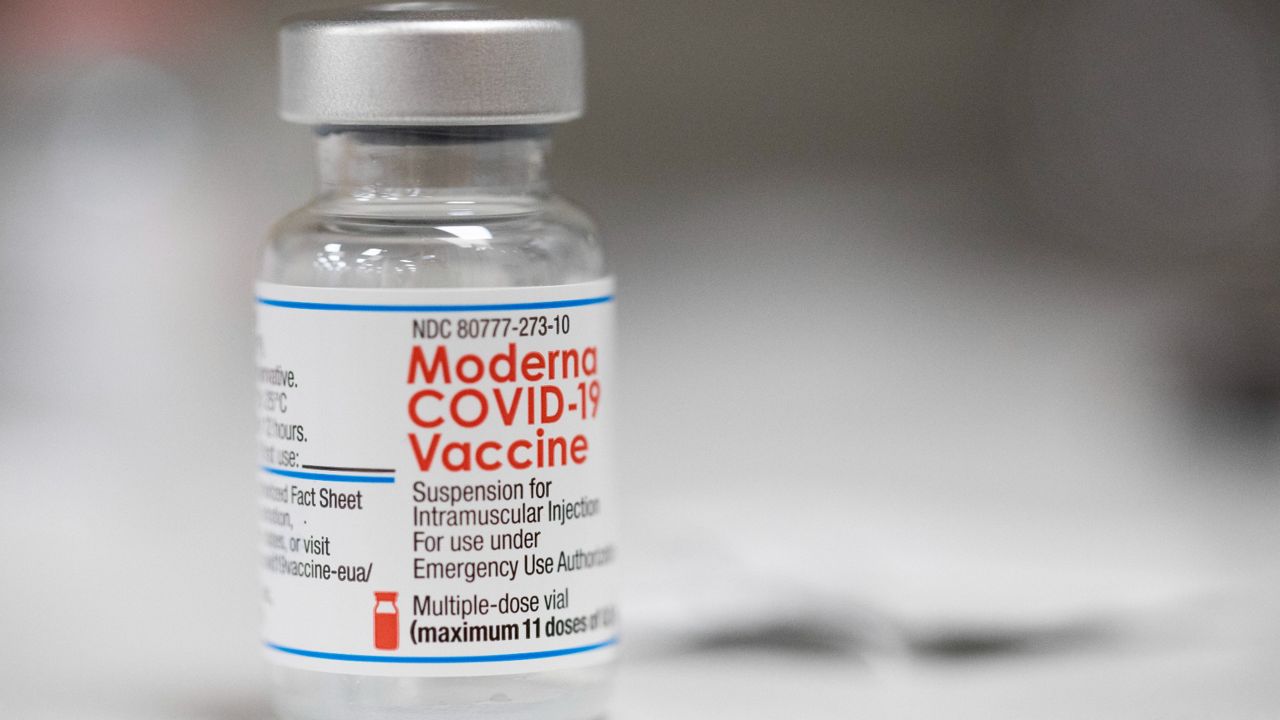 A vial of the Moderna COVID-19 vaccine is displayed on a counter at a pharmacy in Portland, Ore., on Dec. 27, 2021.  (AP Photo, File)