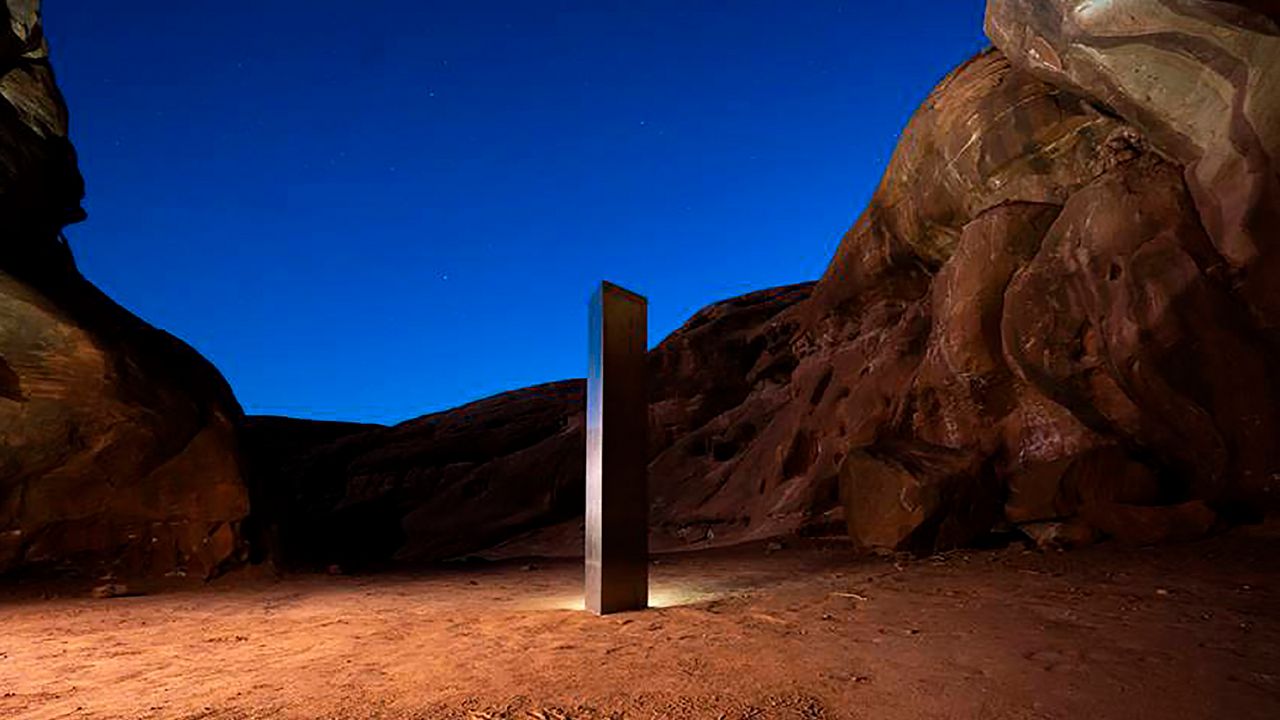 This Nov. 27, 2020 photo by Terrance Siemon shows a monolith that was placed in a red-rock desert in an undisclosed location in San Juan County southeastern Utah. (Terrance Siemon via AP)