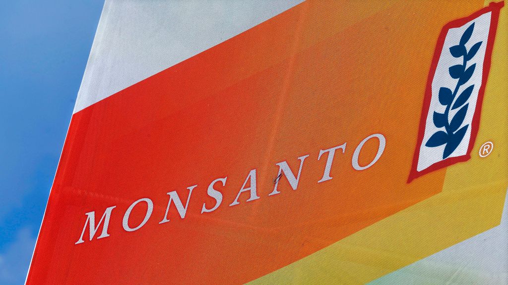 FILE - The Monsanto logo hangs on display at the Farm Progress Show on Aug. 31, 2015, in Decatur, Ill. Bayer CropScience LP and Monsanto Company, who sell top brands of household weedkiller, will pay nearly $7 million for allegedly making false and misleading claims regarding the safety of their products as part of a settlement with the New York Attorney General's office on Thursday, June 15, 2023. (AP Photo/Seth Perlman, File)