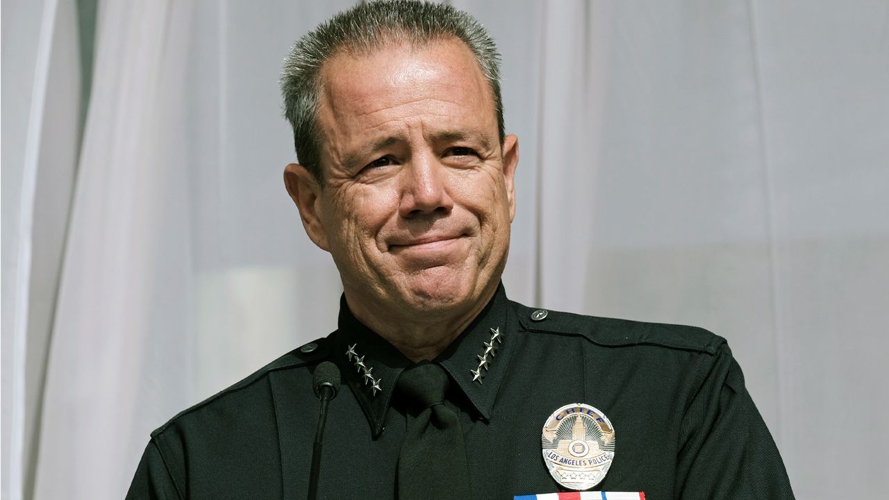New Los Angeles Police Chief Michel Moore speaks after being sworn in as the Police Department's 57th chief at the police academy on Thursday, June 28, 2018, in Los Angeles. Moore replaces Charlie Beck, who retired Wednesday, after more than 40 years with the LAPD. (AP Photo/Richard Vogel)