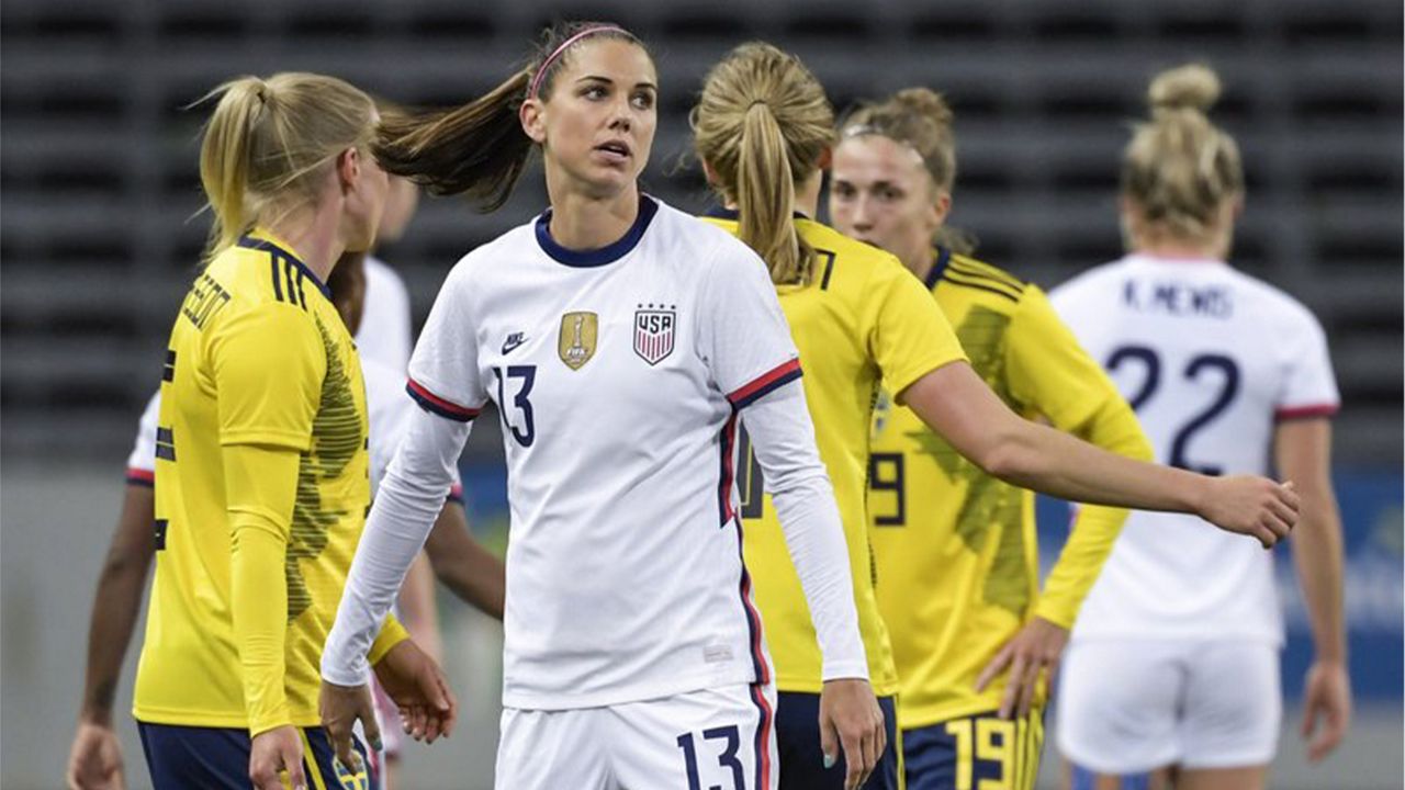 USA's Alex Morgan looks on, after the women's international friendly soccer match between Sweden and USA at Friends Arena in Stockholm, Sweden, Saturday, April 10, 2021. (Janerik Henriksson/TT via AP)