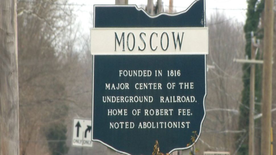 A sign near the border of Moscow, Ohio reads: "Founded in 1816. Major center of the underground railroad. Home of Robert Fee, noted abolitionist."