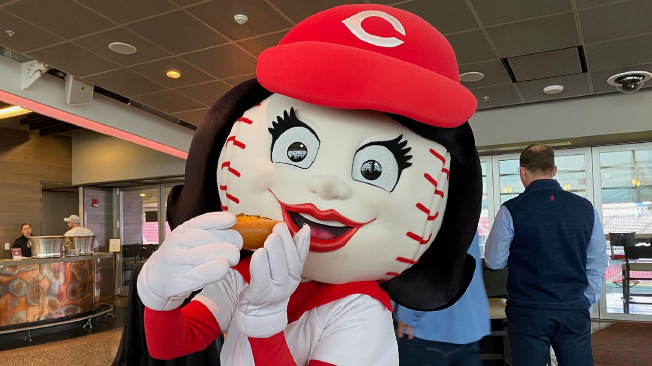 Cincinnati Reds mascot Rosie Red poses for a picture during a ballpark food tasting ahead of Opening Day 2022. (Casey Weldon/Spectrum News 1)