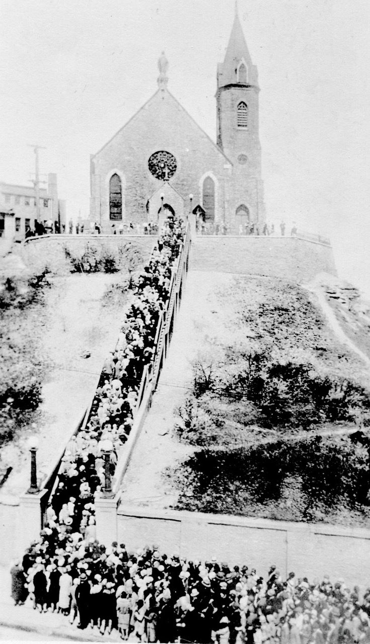 A historic photo of Catholics praying the steps in Mount Adams. (Photo courtesy of the Archdiocese of Cincinnati)