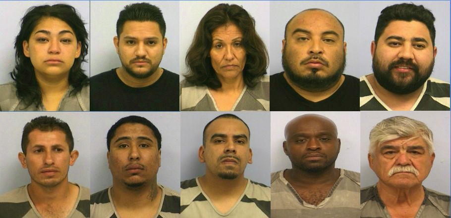Booking photos of 10 of the suspects arrested during a drug operation raid on March 28, 2018. From left to right, Rebecca Anaya, 26; Gerardo Arroyo, 29; Maria Barcenas, 43; Martin Benitez, 38; Daniel Hernandez, 30; Lauro Jaimes, 32; Marques Nunley, 27; Jesus Ocampo, 33; Anthony Taylor, 45; Juan Vasquez, 69. (Austin Police Dept.)