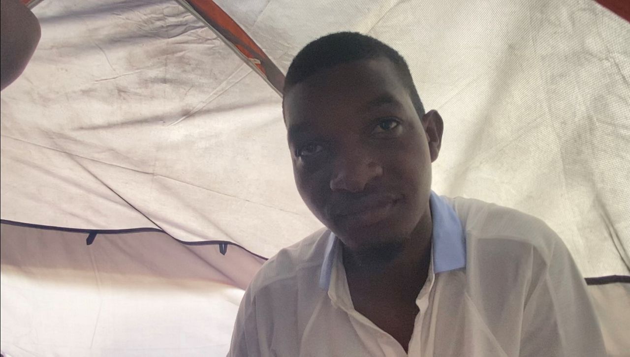 Alpha Bah, a migrant from Equatorial Guinea, appears in a tent in Reynosa, Mexico. (Spectrum News 1/Adolfo Muniz)